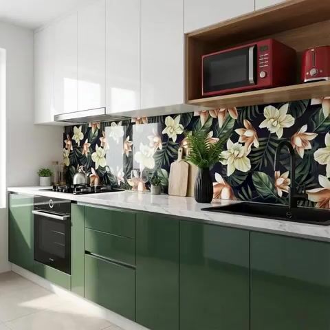Modern kitchen with olive green high gloss laminate, white quartz countertop, and floral tropical backsplash tile