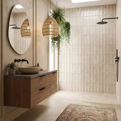 Scandinavian bathroom walkthrough with beige vertical subway wall tiles and wood laminate floating vanity