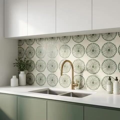 Modern kitchen walkthrough with sage green laminate cabinets, white quartz countertop, and geometric green patterned backsplash tile