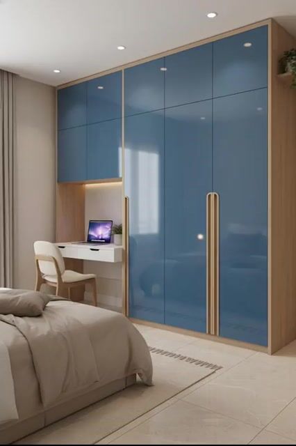 Modern bedroom with pastel lavender high gloss laminate wardrobe and beige marble floor tiles in Bengaluru
