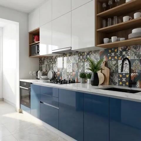 Modern kitchen with blue high gloss laminate, white quartz countertop, and patterned moroccan backsplash tiles