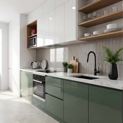 Modern kitchen with sage green and white high gloss laminate, quartz countertop, and geometric beige backsplash tile