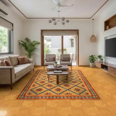 Modern living room with ochre patterned floor tiles and wooden TV unit