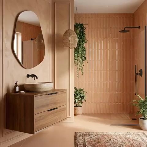 Scandinavian bathroom walkthrough with terracotta kitkat wall tiles, wooden floating vanity, and stone basin