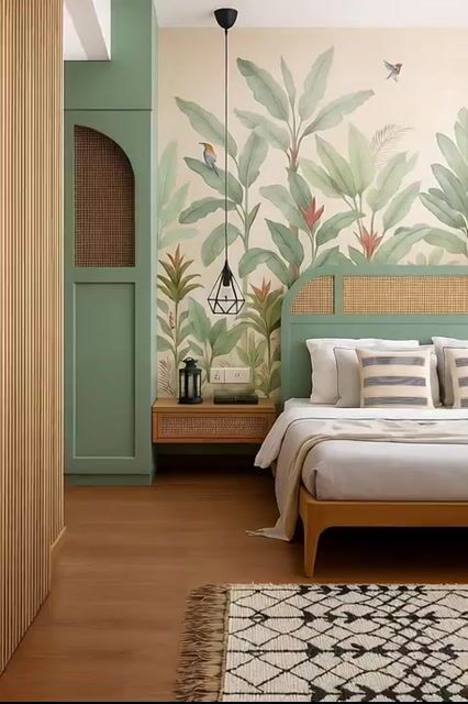 Scandinavian bedroom with tropical wallpaper, sage green laminate, and natural wood flooring in Sattva Anugraha Vijayanagar 3 BHK Bengaluru Apartment